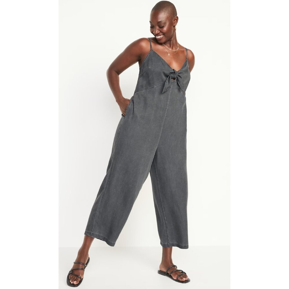 Old Navy Size Small Tall Faded Black‎ Gray Acid Wash Jumpsuit Knotted Tie Tank
